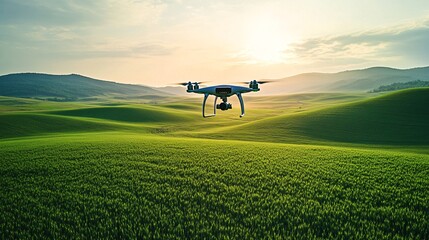 Aerial drone flying over a vibrant green field at sunset