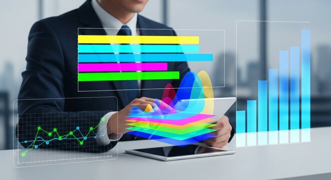 Business analytics with holographic area chart, bar charts, and line graph projected above tablet - Powered by Adobe