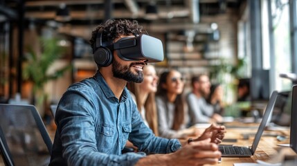 Smiling professional man using VR headset in a modern office