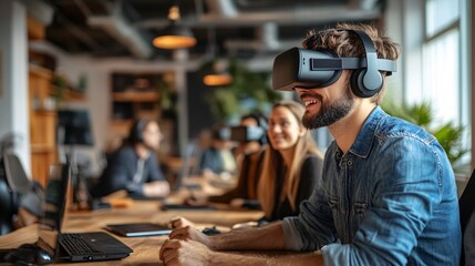 Man using a virtual reality headset in a modern office