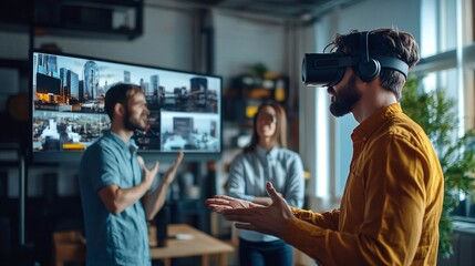 Business team exploring a virtual reality simulation