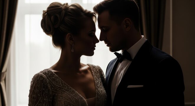 Elegant Couple Embracing in Soft Light During a Romantic Moment