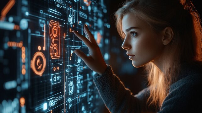 Innovative woman using a futuristic touch screen interface - Powered by Adobe
