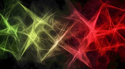 A vibrant abstract design features intersecting lines of translucent green, yellow, and red, set against a dark background.