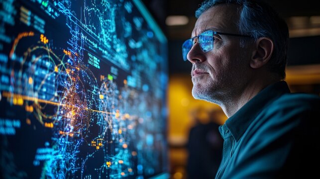 Focused Data Scientist Monitoring a Digital Control Panel - Powered by Adobe