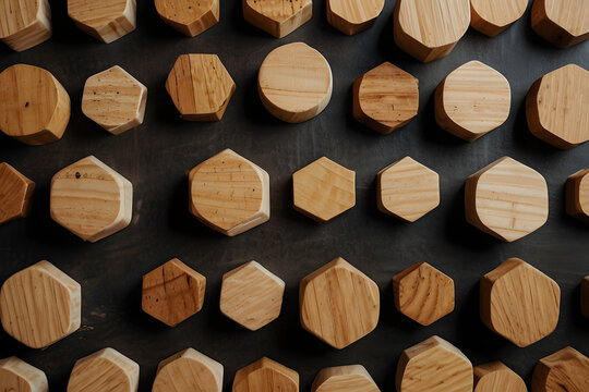 Geometric wooden pieces arranged in rows on a dark background