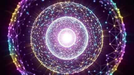 Abstract glowing sphere network pulsating with vibrant neon light particles data flow digital connection technology Ai HD 4K video. - Powered by Adobe