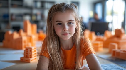 Portrait of a young girl with 3D printed city models