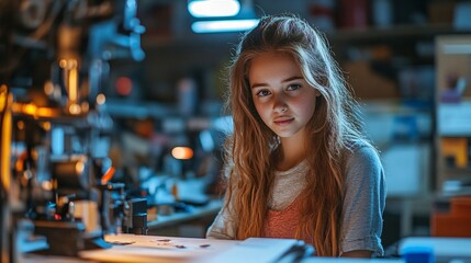 Portrait of a talented girl in a modern science workshop