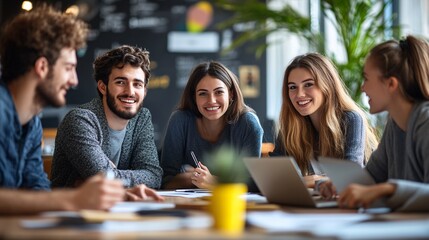 Cheerful colleagues discussing a new project in the office