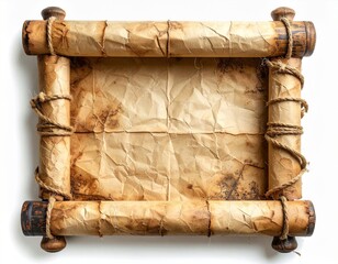Aged Scroll with Wooden Dowels and Textured Brown Paper on White Background with Shadows