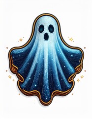 Pixelated Blue Ghost on White with Golden Glittering Outline