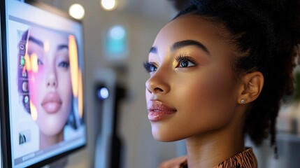 Creative woman using software for digital face retouching