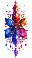 Watercolor Flower Mandala with Symmetrical Jewel Tones and Gold Accents Isolated on White