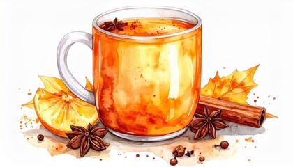 Watercolor Illustration of Orange Drink with Cinnamon Star Anise and Maple Leaves