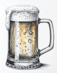Detailed Illustration of a Frothy Amber Beer in a Glass Mug with Foam Overflowing on White Paper