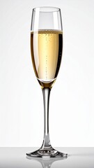 Tall Champagne Flute with Golden Liquid on White Background Celebrating Holiday