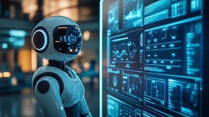 Advanced robot analyzes complex data on a digital screen