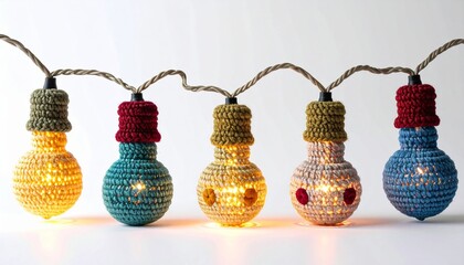 String of Decorative Crochet Light Bulbs with Warm Yellow Glow on White Background