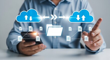Cloud data transfer and synchronization concept with cloud, folder, and document icons in futuristic digital interface