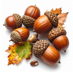 Pile of Brown Acorns with Caps and Autumn Leaves on White Background