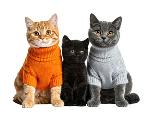 Three kittens, orange, black, and gray, wearing turtleneck sweaters, sit in a row