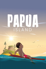 Illustration of Papua Island with a boy sitting on a surfboard