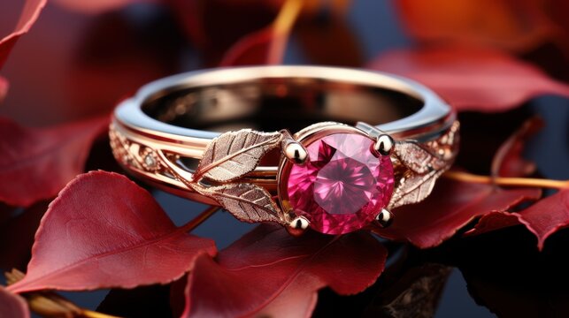 Elegant pink gemstone ring on red leaves