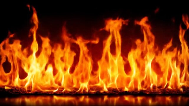 A vibrant image capturing a row of flickering, orange-yellow flames against a dark background with reflection