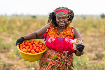 African Agriculture Entrepreneur, Happy woman farmer with freshly harvested tomatoes and money on...