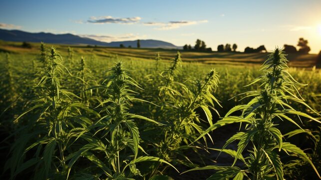 Hemp field at sunset, mountain backdrop