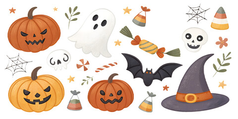 Halloween PNG Set – Spooky Pumpkins, Ghosts, and Candy Illustrations on Transparent Background