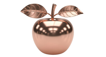 Isolated metallic apple object with leaves, shiny bronze fruit art, luxury style decor element