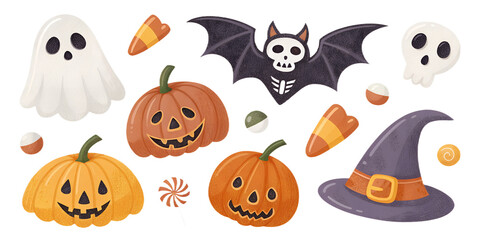 Halloween PNG Set – Spooky Pumpkins, Ghosts, and Candy Illustrations on Transparent Background