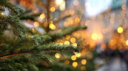 Close Up Christmas Tree Branch With Bokeh Lights