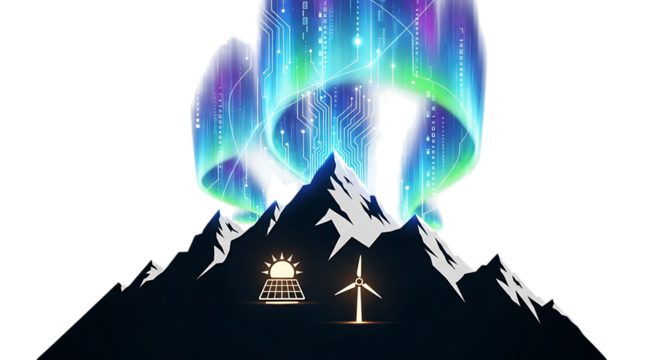Scenic Mountains with Solar Panel and Wind Turbine beneath Aurora Borealis