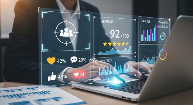 Digital marketing analytics dashboard with target and social media engagement icons