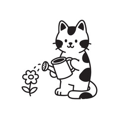 Adorable cat holding tiny watering can gently watering a blooming flower.