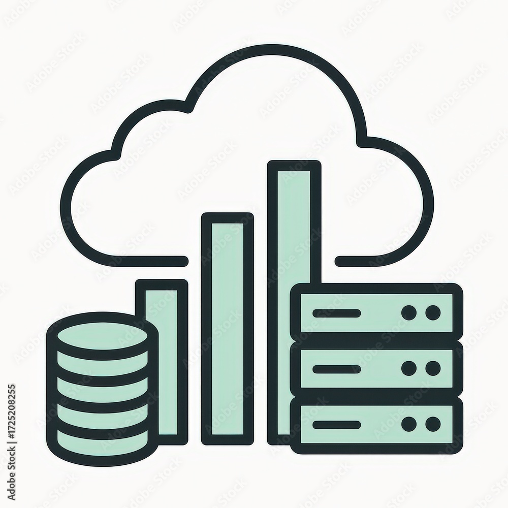 Poster cloud computing concept illustrating data analysis with green bars representing growth, currency sym