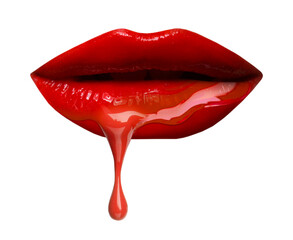 Red liquid lipstick dripping from woman's lip against white background