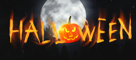 Halloween poster, banner design. Jack-O-Lantern instead of O and flaming letters against full moon...