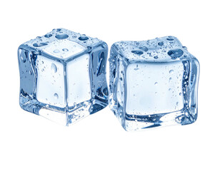 Two square ice cubes, slightly overlapping, with water droplets on their surfaces, against a black background