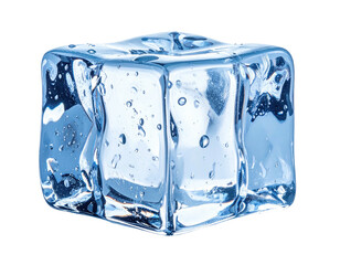 Close-up of a single, clear, square ice cube, showing subtle texture and water droplets