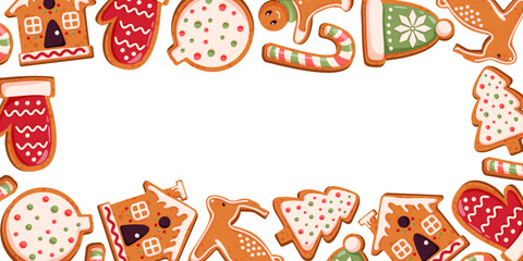 Festive border of with gingerbread cookies in shapes of house, mitten, reindeer, tree, candy cane on a white background for Christmas holiday design in cartoon.