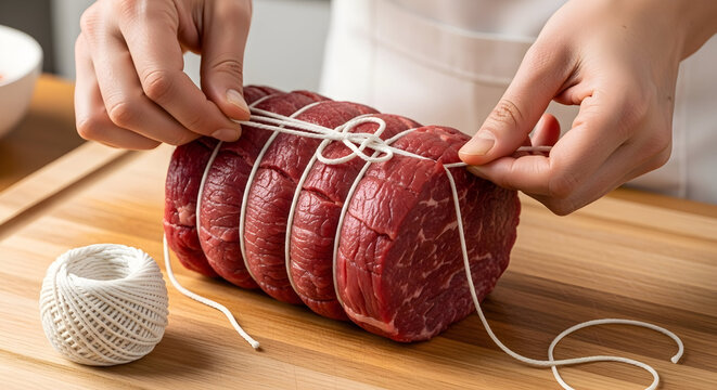 Hands Carefully Tying Twine Around Freshly Prepared Beef Tenderloin Roast in Home Kitchen Before Cooking a Gourmet Meal