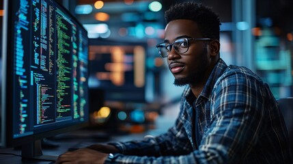 Focused male professional concentrating on a project, working remotely on a desktop computer in a modern home office