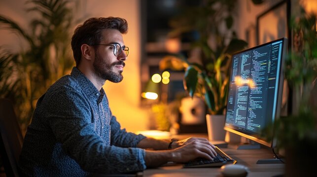 Focused male software developer with glasses diligently programming on a desktop computer late at night in a cozy home office