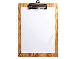 Wooden clipboard with blank white paper.  A metal clip holds the paper