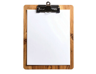 A wooden clipboard with a blank white sheet of paper