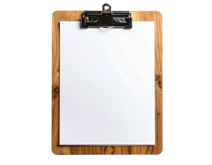 A wooden clipboard with a blank white sheet of paper